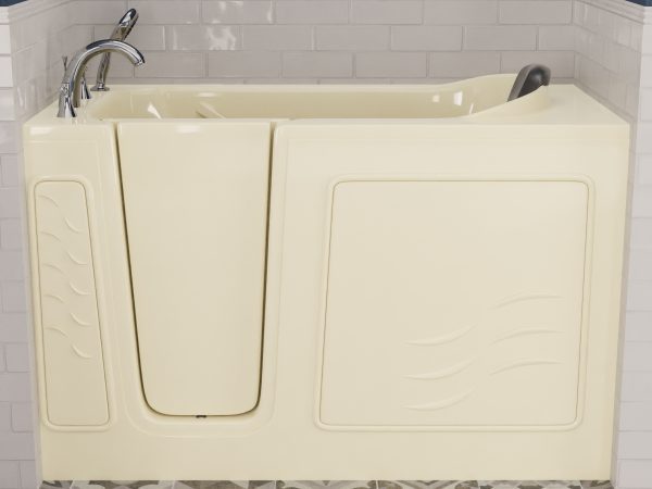 Safe Premier Series 30 in. L x 59 in. W Left Side Drain Soaker Bathtub in Biscuit with Fast Filling Faucet Set