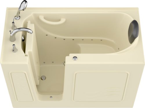 Safe Premier Series 26 in. L x 53 in. W Left Side Drain Air Jetted Bathtub in Biscuit with Fast Filling Faucet Set