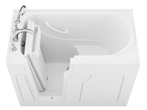 Safe Premier Series 28 in. L x 53 in. W Left Side Drain Soaker Bathtub in White with Fast Filling Faucet Set