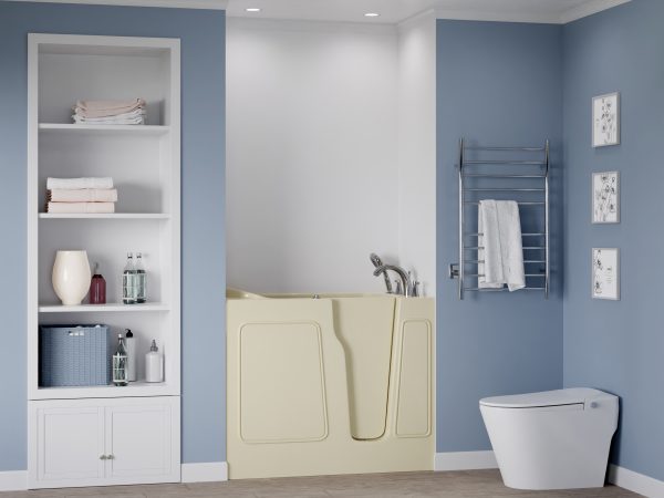 Universal Collection 26 in. L x 46 in. W Right Side Drain Air Jetted Bathtub in Biscuit with Fast Filling Faucet Set