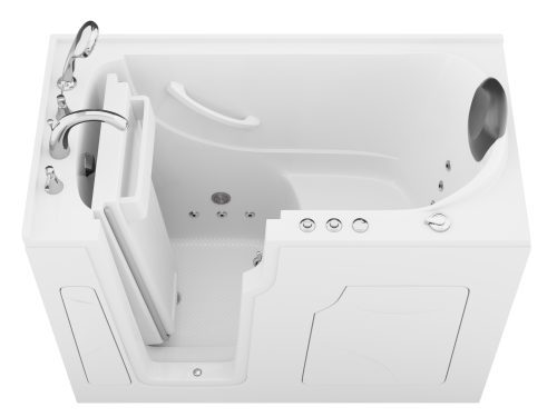 Safe Premier Series 28 in. L x 53 in. W Whirlpool Jetted Bathtub with Left Drain in White with Fast Filling Faucet Set