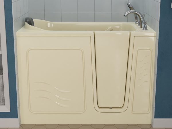 Safe Premier Series 30 in. L x 52 in. W Right Side Drain Soaker Bathtub in Biscuit with Fast Filling Faucet Set