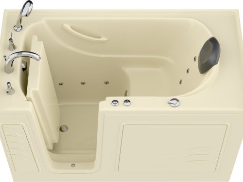 Safe Premier Series 30 in. L x 59 in. W Whirlpool Jetted Bathtub with Left Drain in Biscuit with Fast Filling Faucet Set