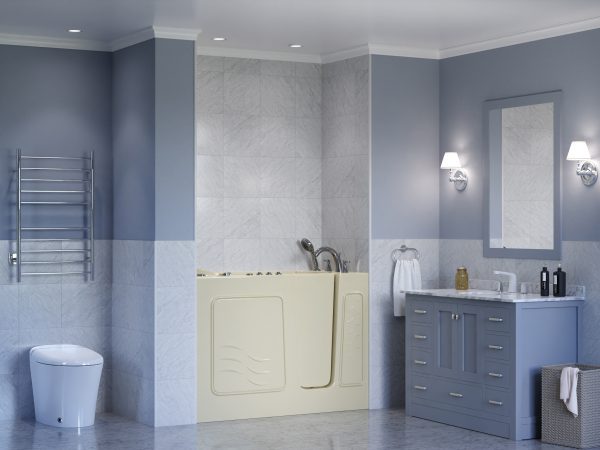 Universal Collection 26 in. L x 53 in. W Right Side Drain Combination Jetted Bathtub in Biscuit with Powered Fast Drain