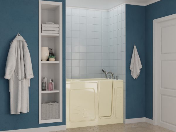 Safe Premier Series 30 in. L x 52 in. W Right Side Drain Soaker Bathtub in Biscuit with Fast Filling Faucet Set