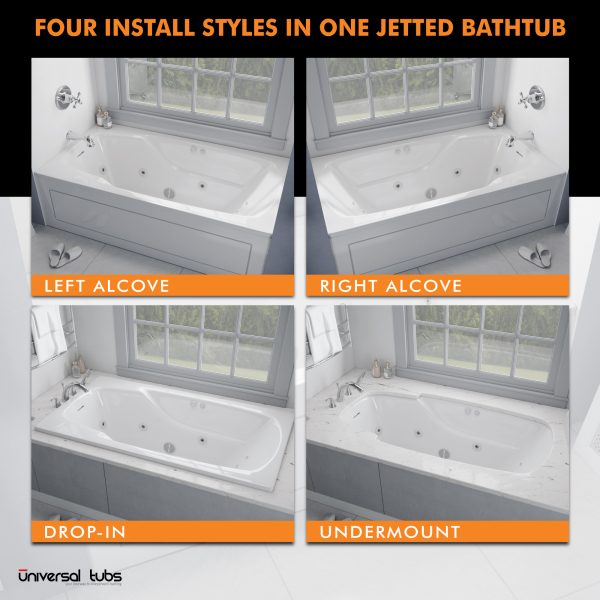 The Universal Jetted Tub 60 in. x 32 in. Rectangular Whirlpool Bathtub with Reversible Drain and Overflow in White
