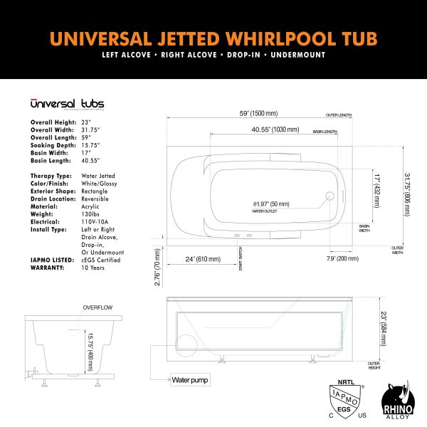 The Universal Jetted Tub 60 in. x 32 in. Rectangular Whirlpool Bathtub with Reversible Drain and Overflow in White
